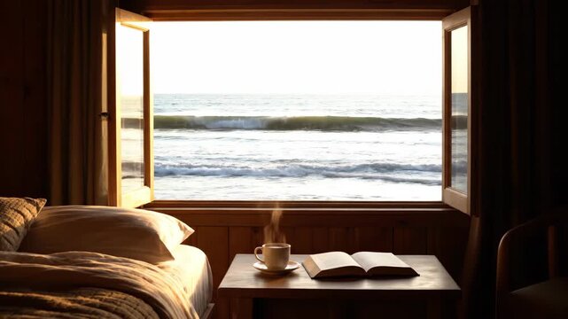 Cozy beachside retreat with steaming coffee and book by the window