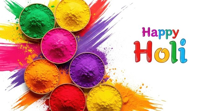 Vibrant holi celebration with colorful powders and happy wishes