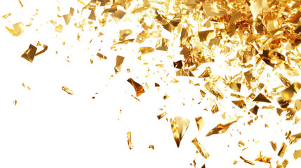 Golden fragments exploding on transparent background