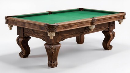 Elegant vintage wooden billiard table with green felt surface and ornate carved legs, isolated on a white background, showcasing classic craftsmanship and traditional game room furniture design.