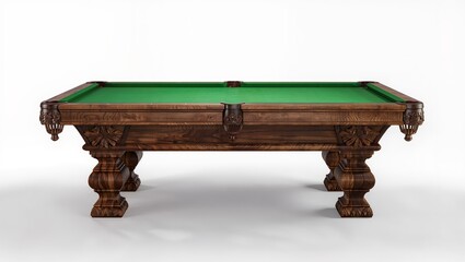 Elegant vintage wooden billiard table with green felt surface and ornate carved legs, isolated on a white background, showcasing classic craftsmanship and traditional game room furniture design.
