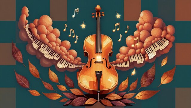 Stylized illustration of a violin surrounded by piano keys and autumn leaves.