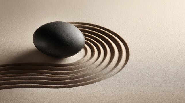 Single dark stone rests upon raked sand patterns in a miniature zen garden, symbolizing peace and contemplation.
