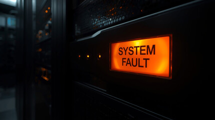Orange Glowing System Fault Warning Message on Black Server Hardware in Data Center