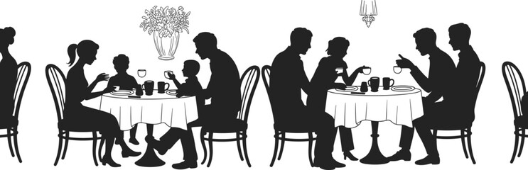 Dining silhouette, family meal, social gathering, round table, restaurant scene, people talking, eating together, black vector, cultural illustration, lifestyle icon