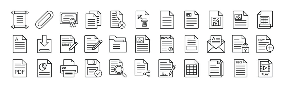 Collection of various document and file type icons in black outline