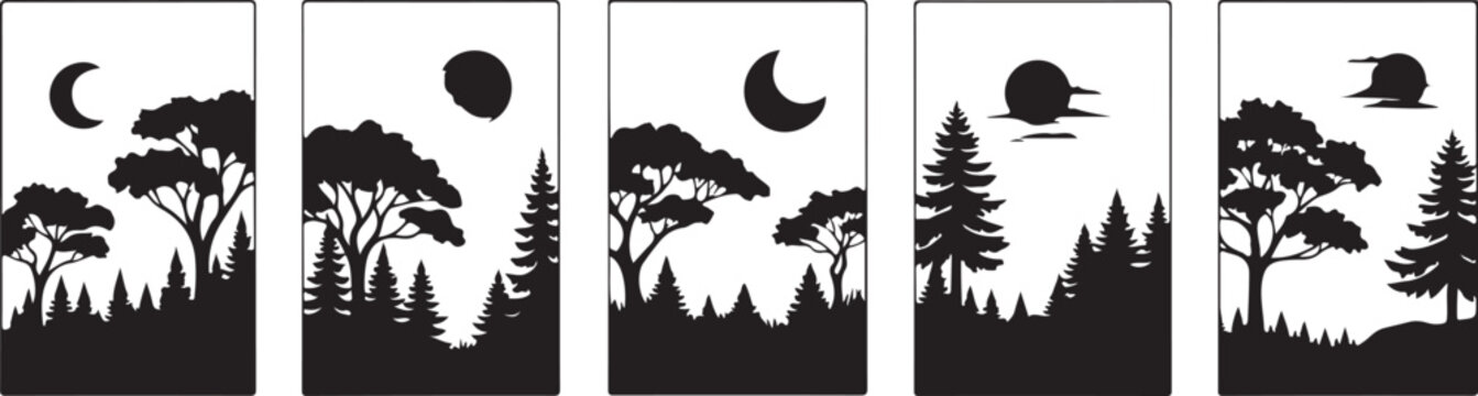 Five distinct black and white forest scenes with different moon phases and weather conditions isolated on white background