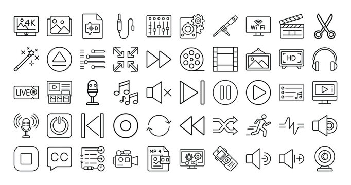 Multimedia icons collection for video audio editing and streaming applications