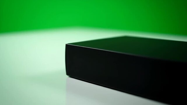 A black rectangular box on a white surface with a green screen. Perfect for product reveals and unboxing.