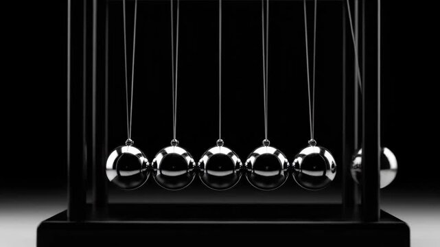 A classic Newton's Cradle toy in action, illustrating the fundamental laws of physics and mechanics.