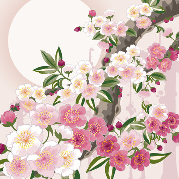 Plum blossoms in full bloom on branches under a bright full moon