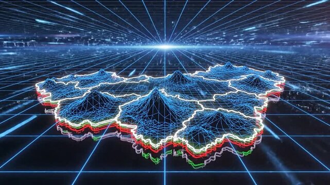 Digital wireframe map with topographical data displayed on a futuristic grid