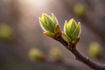 Spring's Awakening: Delicate Leaf Buds on a Branch in Soft Sunlight