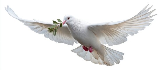 Obraz premium The white dove carrying an olive branch in graceful flight on white background