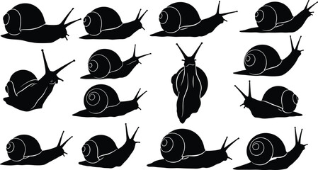 Set of snail silhouette collection isolated on white background, crawling garden mollusk icons in various poses and angles © Sohagh's World
