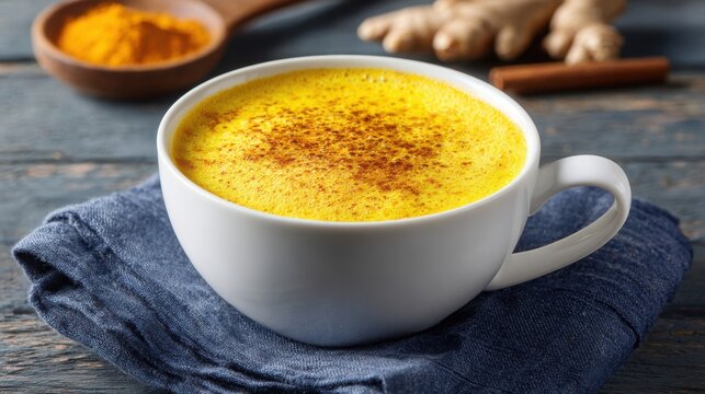 Warm and inviting cup of golden turmeric latte topped with cinnamon, a healthy and comforting beverage.