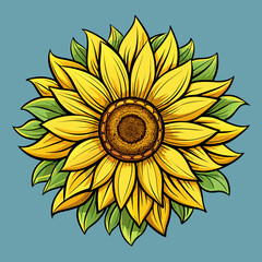 Bright Yellow Sunflower Floral Illustration on Soft Blue Background