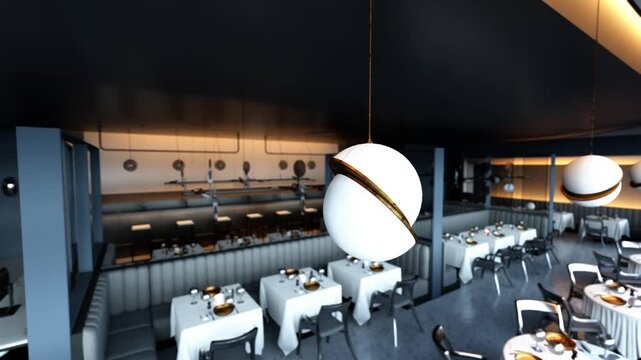 The restaurant features a contemporary design, with sleek tables arranged neatly under stylish lighting fixtures, creating an inviting atmosphere despite being empty.