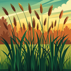 Cattail Reeds in Autumn Field Landscape Vector Illustration