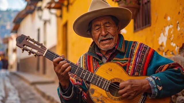 Portrait of an elderly man playing guitar in a colorful, vibrant street.