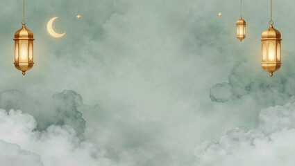 Minimal Misty Ramadan Sky with Crescent Moon