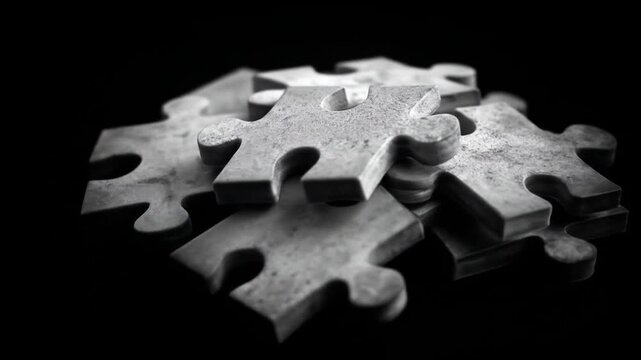 Close up of interlocking puzzle pieces on dark backdrop