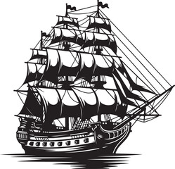 A majestic black and white illustration of a tall sailing ship with multiple masts isolated on white background © Rana