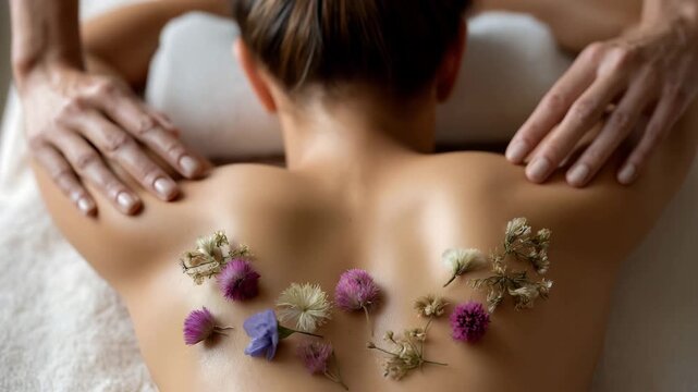 Top view of a professional masseur massage gently with dried flowers on a back of woman lying at spa. Detox treatment, Dermatology and self care for wellness concept
