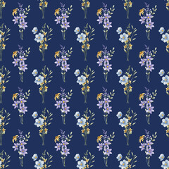 Obraz premium Seamless pattern with blue flowers, repeating paper, background. Floral backdrop for textile, fabric, wallpaper. Hand drawn flowers and leaf.