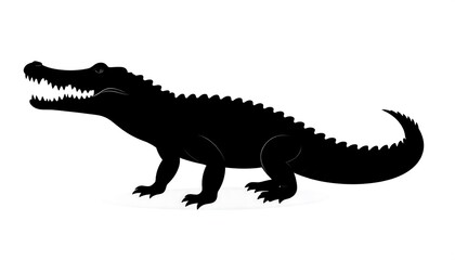 Obraz premium Silhouetted illustration of a crocodile with open jaws, in full profile, against a white background