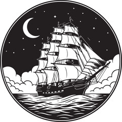 A vintage illustration of a majestic sailing ship navigating through stormy seas under a moonlit sky. isolated on white background © Rana