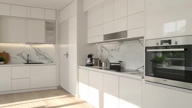 Bright and modern kitchen interior with white cabinets, marble backsplash, and wooden floor.