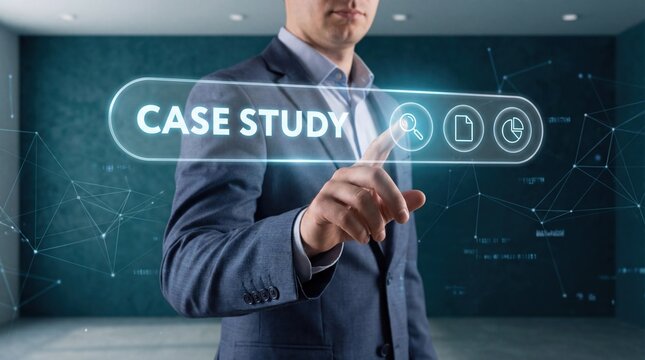 Businessman interacting with virtual case study interface in modern blue office with futuristic technology for corporate presentation