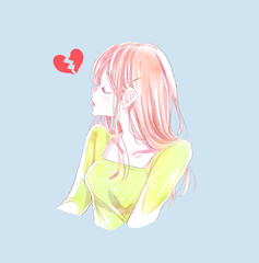 目を閉じている女性　横顔　割れたハート