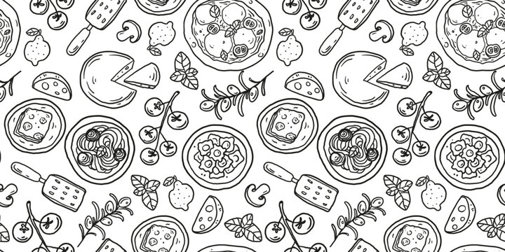 Hand drawn italian food seamless pattern . Whimsical food and drink doodles. Hand drawn vector illustration for menu, packaging design. Italian cuisine. Simple sketch style. Minimalist line art