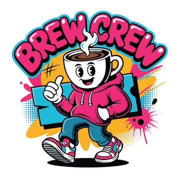 Cartoon coffee cup character with brew crew text and vibrant design