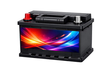 Obraz premium Modern Black Car Battery with Colorful Energy Graphic Label – Automotive Power Storage and 12V Accumulator Concept