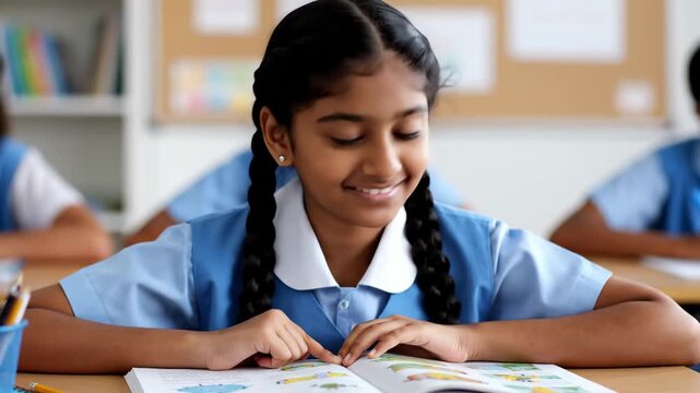 A happy Indian schoolgirl in uniform reads a book in a classroom, pointing and smiling, showing her engagement.