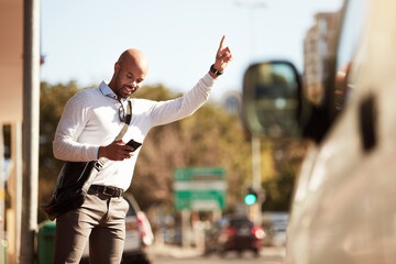 Businessman, phone and call taxi in city for cab ride, travel or transport service. Man, employee and wait with smartphone for local commute, destination or location for networking in urban town