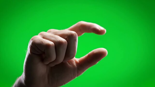 A male hand demonstrates a small size gesture using the thumb and index finger. Ideal for chroma key compositing.
