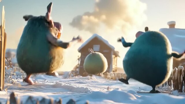 Cartoon Monsters Dancing in Snowy Village.