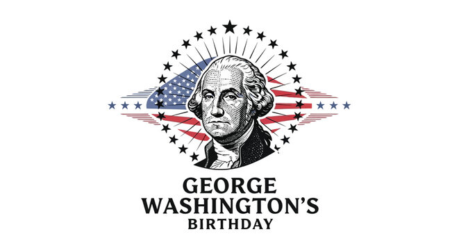 A vector illustration commemorating George Washington's birthday with a portrait of the first president in front of the American flag and stars on a white background.
