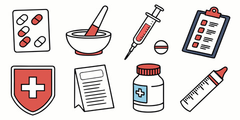 Illustrations of medical symbols and items including a red cross, syringe, and pills