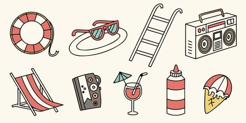 Assorted beach items including a life preserver, surfboard, and various accessories © Hf