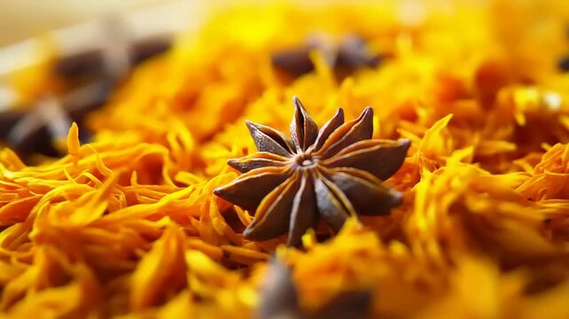 Close up of star anise spice with orange flower petals.
