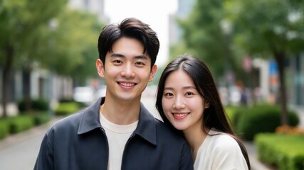 Naklejka premium Young asian couple smiling outdoors in urban setting.