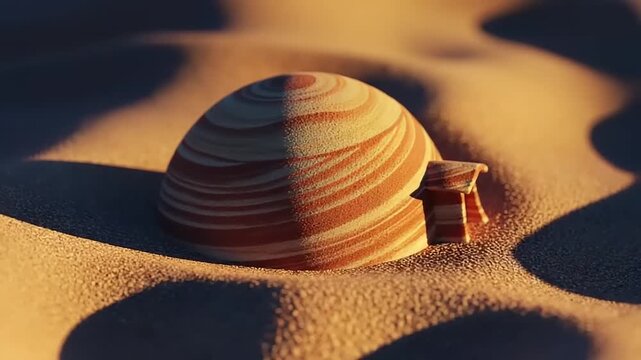Desert landscape with a unique dome-shaped structure and shadows.