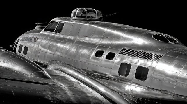 Close-up view of a gleaming vintage B-17 Flying Fortress bomber aircraft's metallic fuselage and cockpit