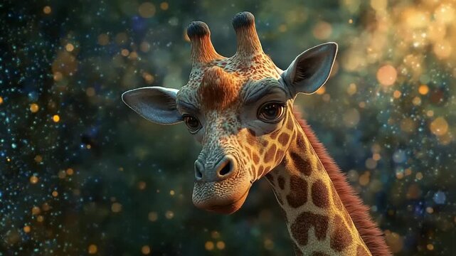 Close up of a giraffes head with bokeh lights in the background.