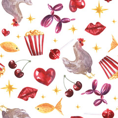 seamless pattern Surrealistic set of different objects. BAlloon in shape of dog, popcorn, lips, fish, chicken, lobster, cherry, lollipop, heart. For creative design, textile. Hand drawn watercolor